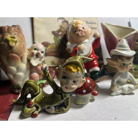 6 1950’s Japan ENESCO? PIXIE ELF FIGURINE Lot CERAMIC ELVES, Gnomes, Vase, 3”-5” - Picture 2 of 6